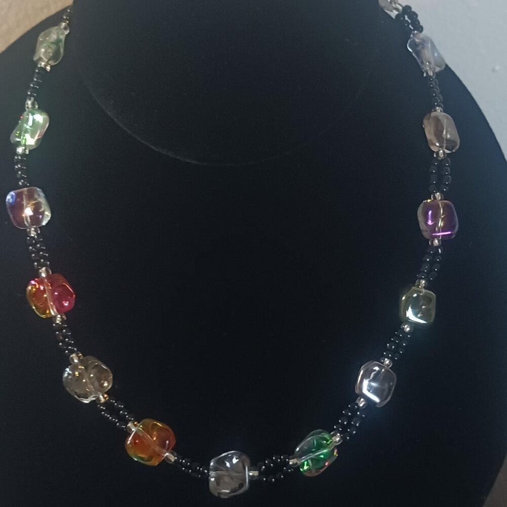 Beaded iridescent glass bead necklace